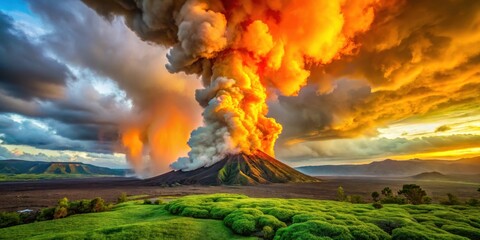 Rising column of bright orange and yellow smoke billowing from a volcanic eruption in the midst of a lush green landscape, molten rock , volcano