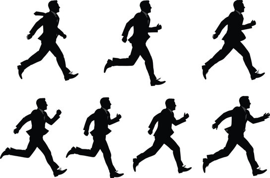 Businessman running silhouette, motion sequence vector, corporate urgency concept, professional suit illustration, dynamic action, isolated black figure, marketing use
