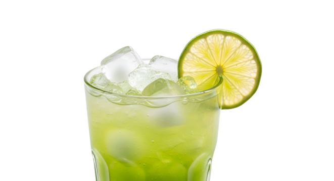Green Drink with Ice Cubes and Lime Slice on Transparent Background close up view
