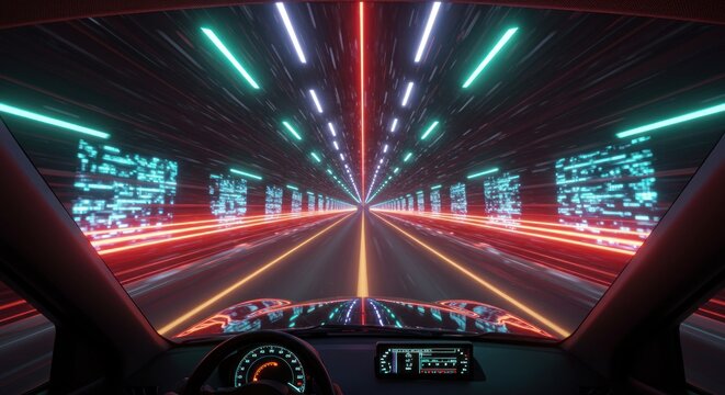 Futuristic car speeding through a neon tunnel, illuminated by vibrant digital lights conveying - Powered by Adobe