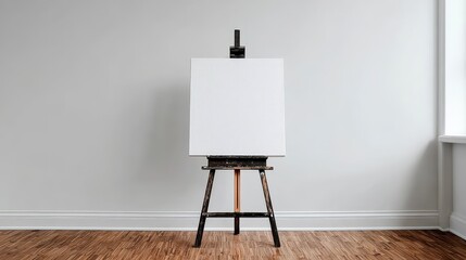 High quality photo of blank canvas on a black easel against a white wall.