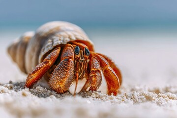 Close-up of a hermit crab on a sandy beach.