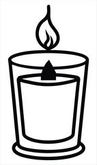 Simple black outline silhouette of a lit candle in a glass jar with a flame. Ideal for use in spa and wellness branding, meditation or relaxation graphics, spiritual or religious content, memorial 