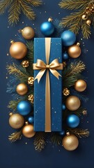 Luxury Blue and Gold Holiday Gift Box Flat Lay with Festive Ornaments