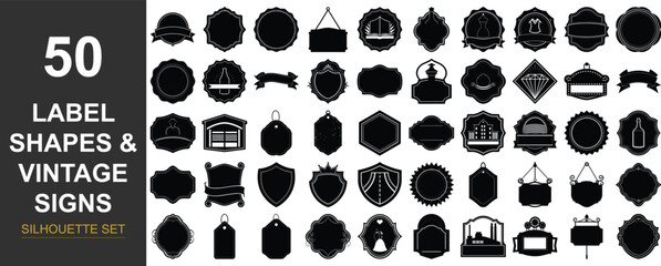 Collection of vintage label shapes and sign elements silhouette