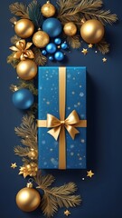 Luxury Blue and Gold Holiday Gift Box Flat Lay with Festive Ornaments
