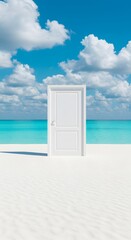 White door standing alone on white sand beach with turquoise sea and blue sky, symbolizing new opportunities or surreal escape

