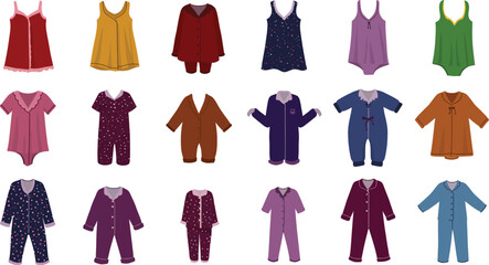 Vector illustration set of colorful and cozy adult and kids pajamas, sleepsuits, and loungewear with various patterns, perfect for sleep, comfort, and relaxation concepts.