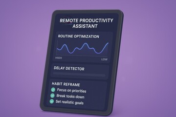 Remote Productivity Assistant Interface Showing Routine Optimization Graph, Delay Detector, and Habit Reframe Checklist
