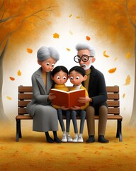 heartwarming illustration of grandparents reading to grandchildren on a park bench, autumn leaves falling in the background, cozy and emotional vibe, seasonal celebration, advertising quality