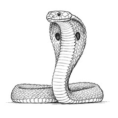 Fototapeta premium A majestic sketch of a cobra, showcasing its coiled body and venomous nature. The black and white illustration highlights the snake's detailed scales, ideal for wildlife art and nature-themed designs.