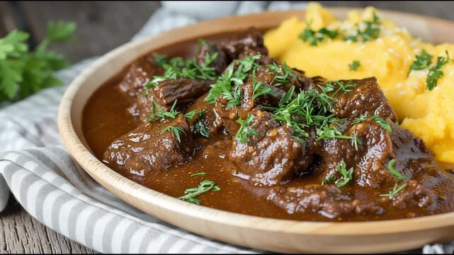 Delicious Gulash with Herbs and Creamy Polenta Served on a Rustic Table