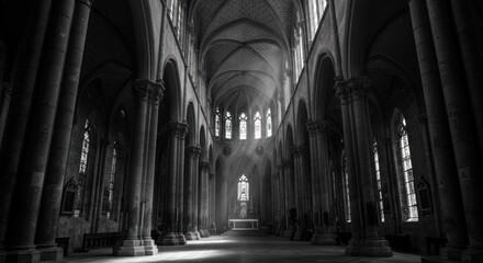 Mystical Interior: A monochrome perspective of cathedral architecture, filled with light and