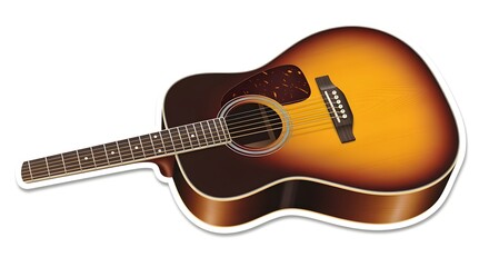 Acoustic Guitar Sunburst Color Lying Flat on White Background