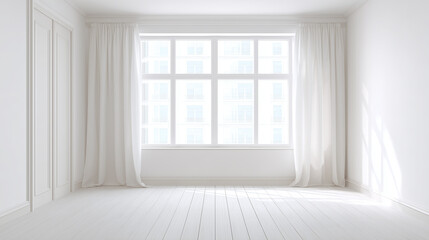 Fototapeta premium Bright empty room with large window and white curtains, featuring clean white walls and wooden floor, creating minimalist and airy atmosphere filled with natural light