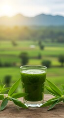 Healthy green smoothie in a clear glass placed on rustic wood with a panoramic view of green landscape and morning light. Ideal for wellness, vegan, or nature-themed visuals.


