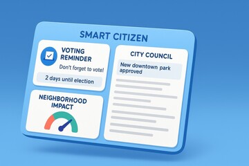 Smart Citizen Dashboard Showing Voting Reminder, Neighborhood Impact Meter, and Local City Council Policy Update
