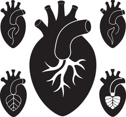 Collection of stylized anatomical heart silhouettes isolated on white background