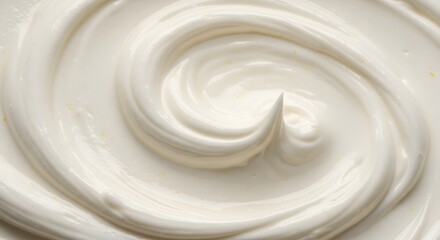 Creamy white swirl texture background. Close-up of smooth, luscious, whipped cream or lotion with soft peaks and glossy surface. Perfect for food, skincare, or abstract design concepts.

