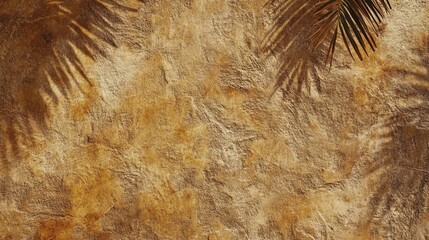 Sunlit texture of a stucco wall with palm leaf shadow.