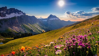 Fototapeta premium alpine meadows during the summer and capture the vibrant colors of wildflowers against the backdrop of majestic mountains