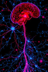 Neural tracing visualization (16:9): Enteric neurons (blue) send signals to the brain (red) via the vagus nerve, with emotional states as colored clouds --ar 16:9