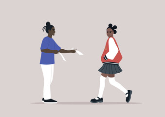 Two young individuals interact as one hands a flyer promoting volunteer opportunities in their local community, encouraging a student to join the cause and make a difference