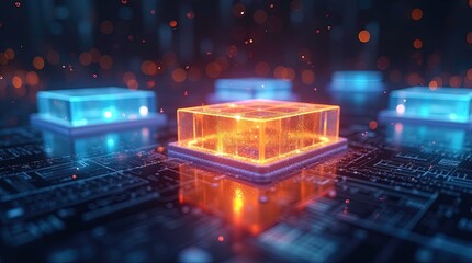Glowing circuit board with illuminated microchip depicts technology future, AI Generative