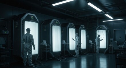 Workers in clean suits observe glowing chambers, hinting at futuristic lab research or storage