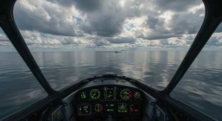 Aircraft cockpit view, journeying over serene ocean waters under a captivating sky
