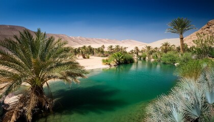 Fototapeta premium desert oasis is a spectacle bursting with vibrant foliage crystal clear water and a breathtaking contrast of vitality against desolate backdrop