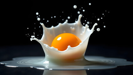 Raw Egg Splash in Mid-Air Impact with Yolk and Shell Explosion on Dark Background