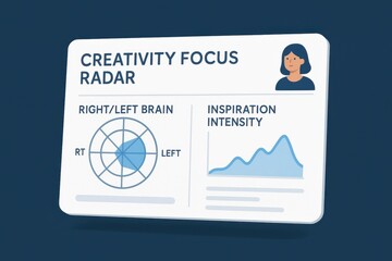 Creativity Focus Radar Display Showing Right and Left Brain Balance, Inspiration Intensity Graph, and Cognitive Profile Card
