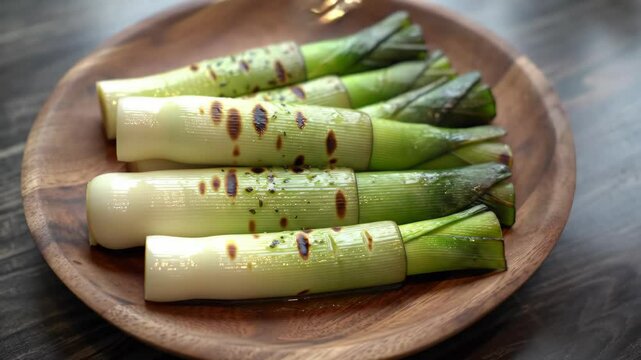Grilled leeks on a wooden plate, ready to eat delicious food