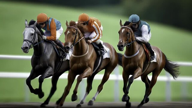 Horses in race jockeys sporting event