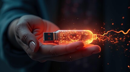 digital hand holding an encrypted USB drive radiates vibrant energy ai generative