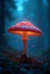Luminous backlit glowing forest mushroom neon lights, captured in a dark shot, hyperdetailed 3d image