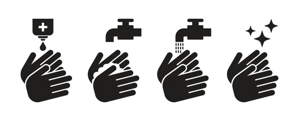 Handwashing icon collection. Hand hygiene sign to prevent germs. Handwashing instruction symbol. Vector illustration