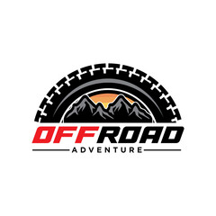Off road logo design template with mountain background and adventure car wheels in modern style