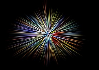 Radiating multicolor light burst with sharp neon lines on black background. Abstract starburst...