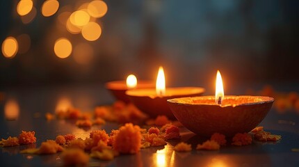 Three glowing oil lamps are arranged with soft bokeh in the background