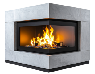 Modern Corner Fireplace with Glass Panels and Clean Flames, transparent background
