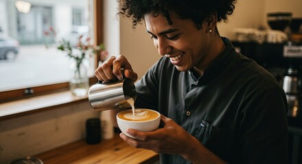 Young man smiles while pouring milk into a cup of coffee creating latte art near a window in a cafe