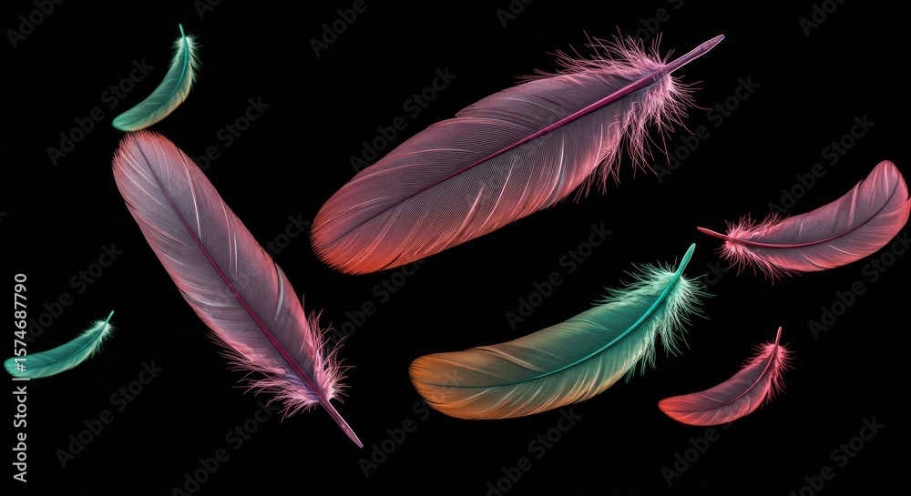 Poster elegant ethereal feathers floating in the dark gradient with soft textured details