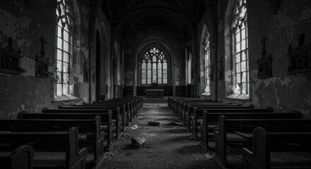 Eerie tranquility in the ruins of an old church lost in time and memories of the past