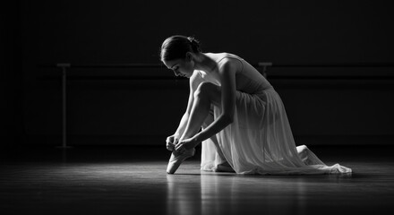 Elegant ballet dancer in monochrome preparing her pointe shoes with graceful pose and dedication