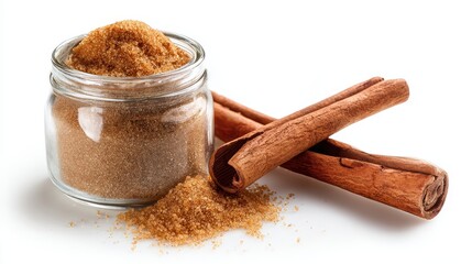 High quality photo of cinnamon and brown sugar in glass jar on white background for culinary and baking design.