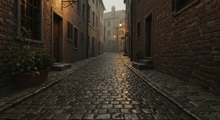 Fototapeta premium Enigmatic cobblestone pathway through antique european township with timeless allure