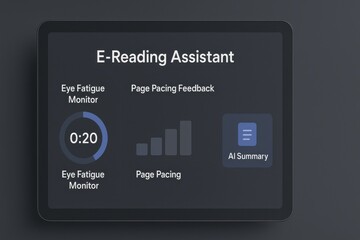 E-Reading Assistant Interface Featuring Eye Fatigue Monitor, Page Pacing Feedback, and AI-Powered Summary Tool
