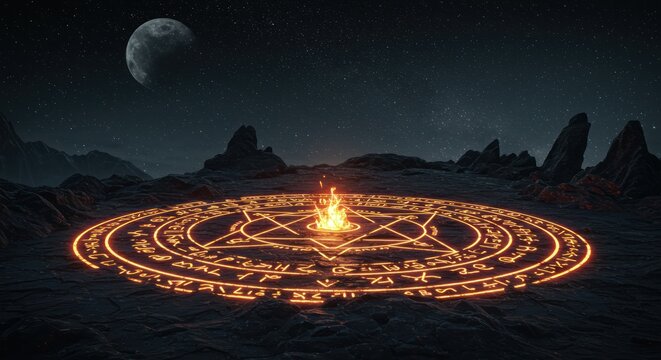 Enigmatic celestial ritual circle on barren landscape with glowing fire under moonlight